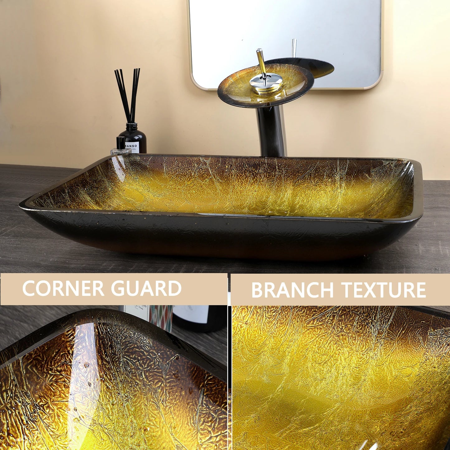 MEKKHALA Bathroom Vessel Sink Glass With Waterfall Faucet Mixer