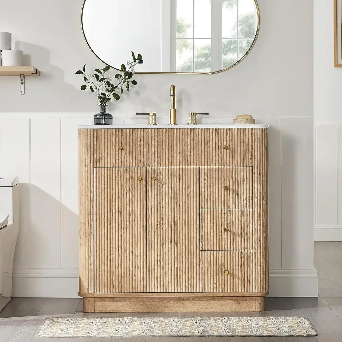 Modern Fluted Bathroom Vanity With Sink And Storage Cabinet