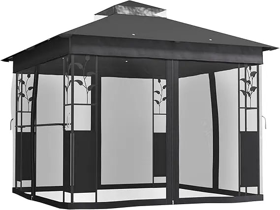 10 Foot x 10 Foot Double Roof Outdoor Gazebo with Shelves and Netting