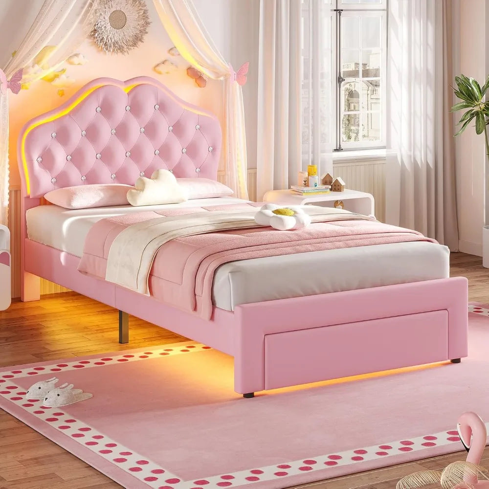 Girls Upholstered Platform Bed With Storage And LED Lights