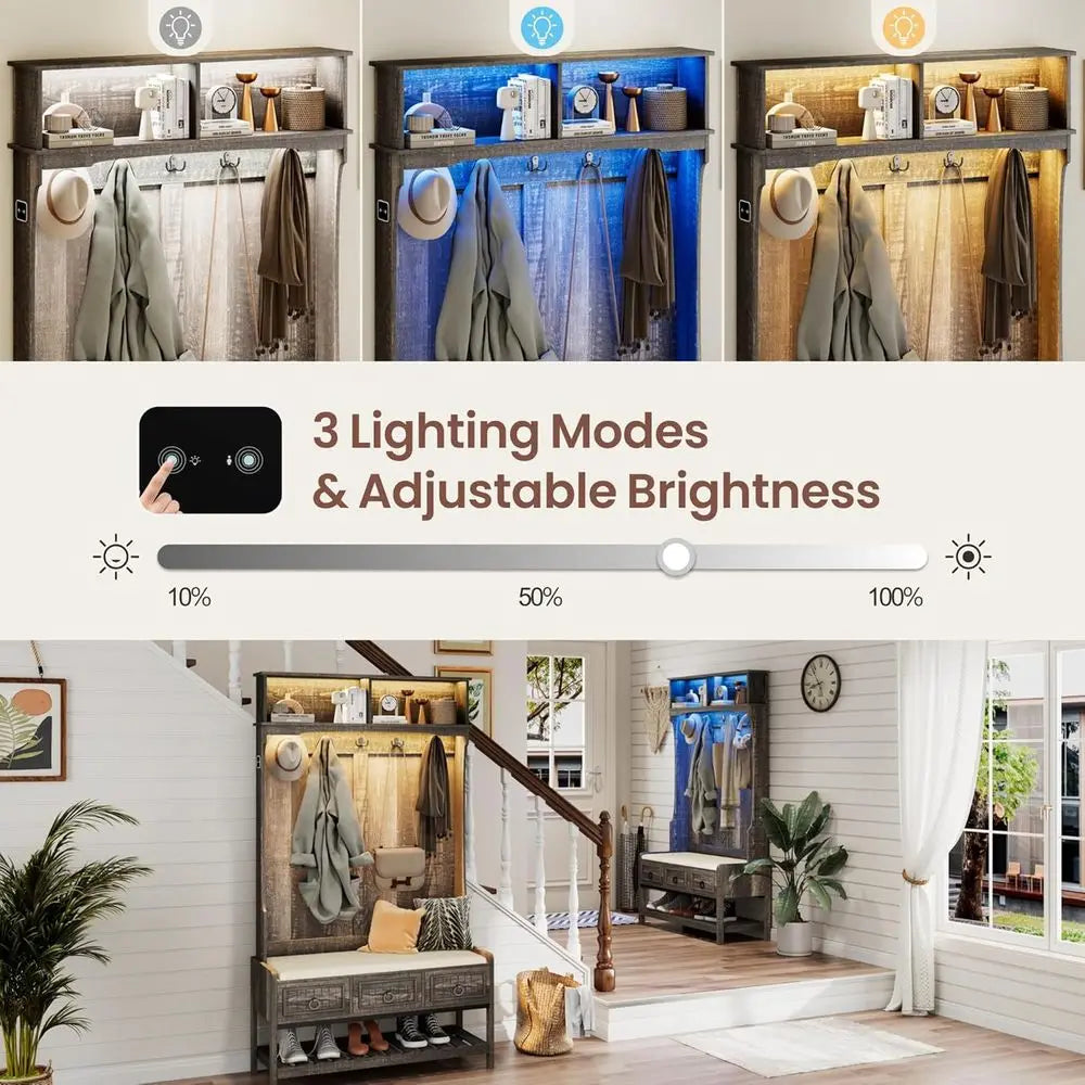 Farmhouse Hall Tree With Cushioned Bench And LED Light