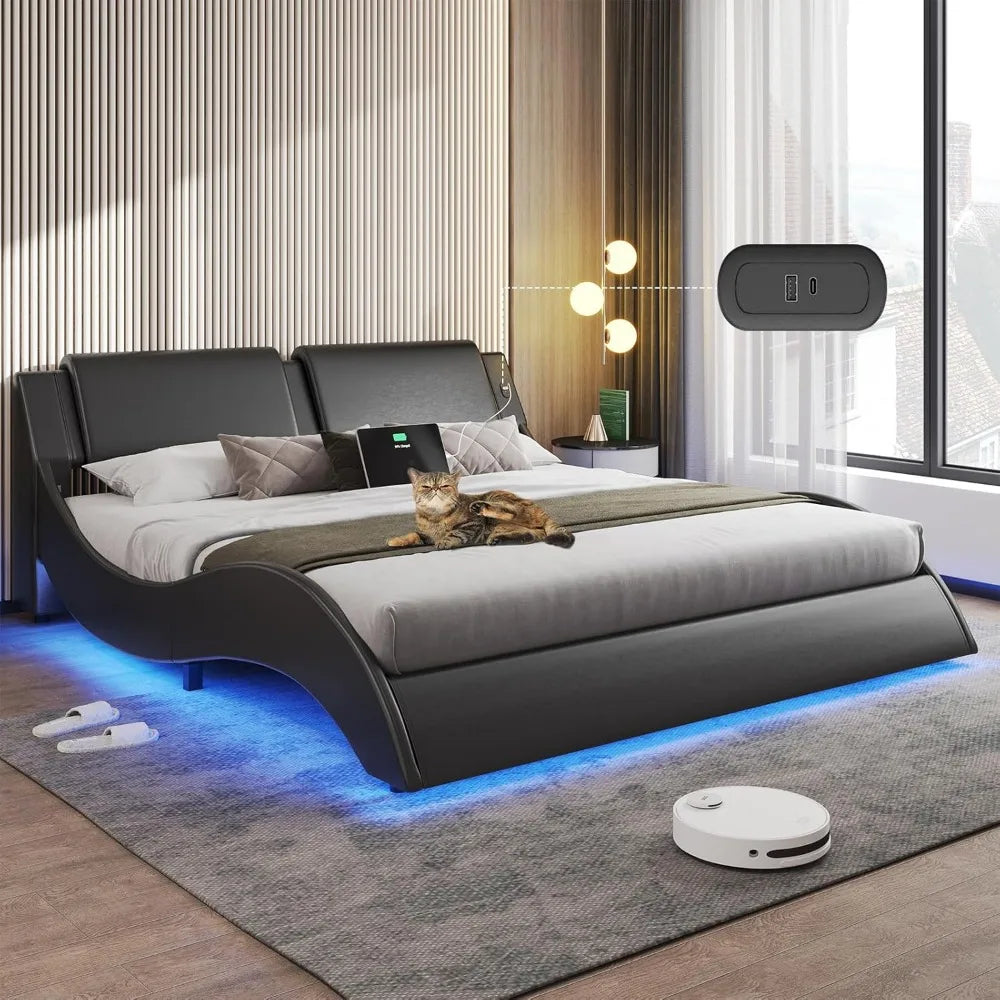 LZJV Modern Faux Leather Bed Frame Led Lights Ports