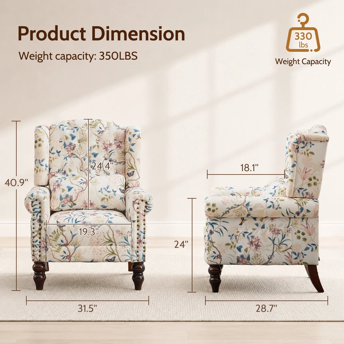 TCGBKAF Vintage Floral Wingback Club Accent Chair