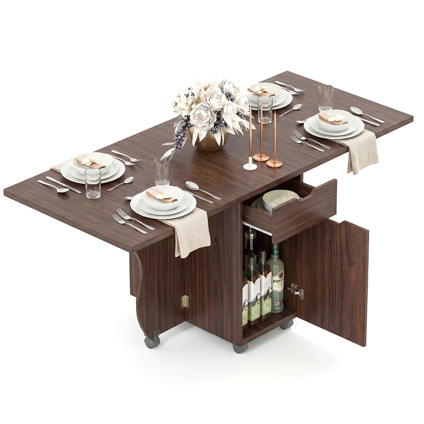 HOMASIS Folding Dining Table With Lockable Wheels And Storage
