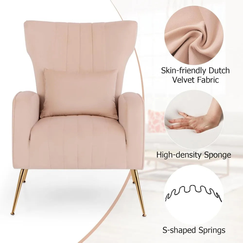 Velvet Accent Chair with Lumbar Pillow Mid Century Modern Wingback Design