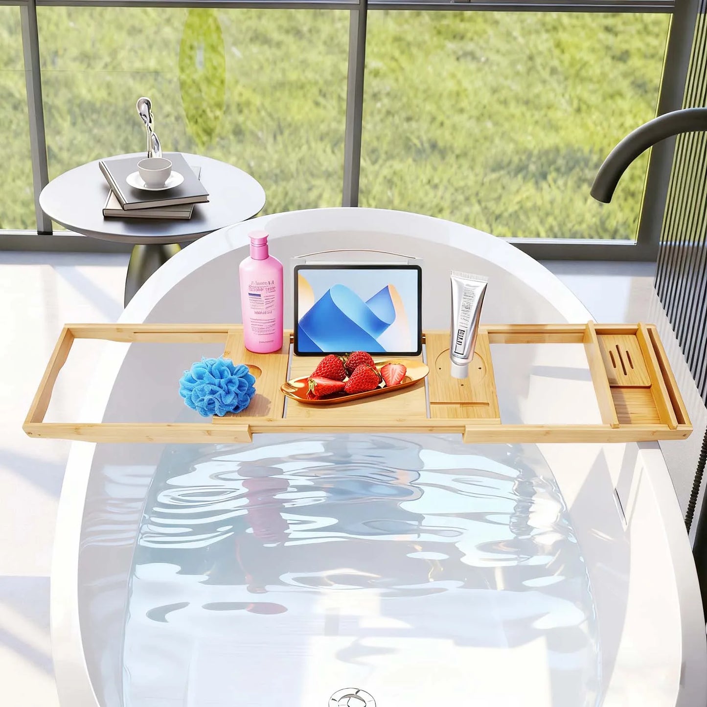 Bamboo Bathtub Caddy Tray Expandable Wooden Bath Rack