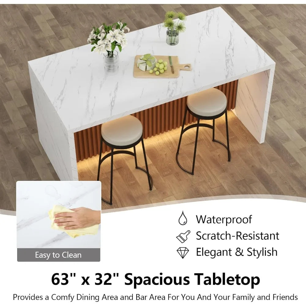 63 Inch Large Imitation Marble Dining Table with LED Lights for 4 to 6 People