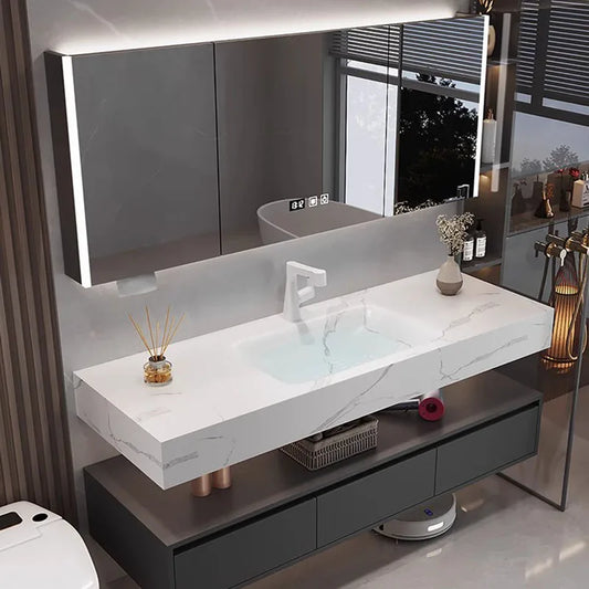 Solid Wood Vintage Bathroom Cabinet with Mirror and Integrated Basin