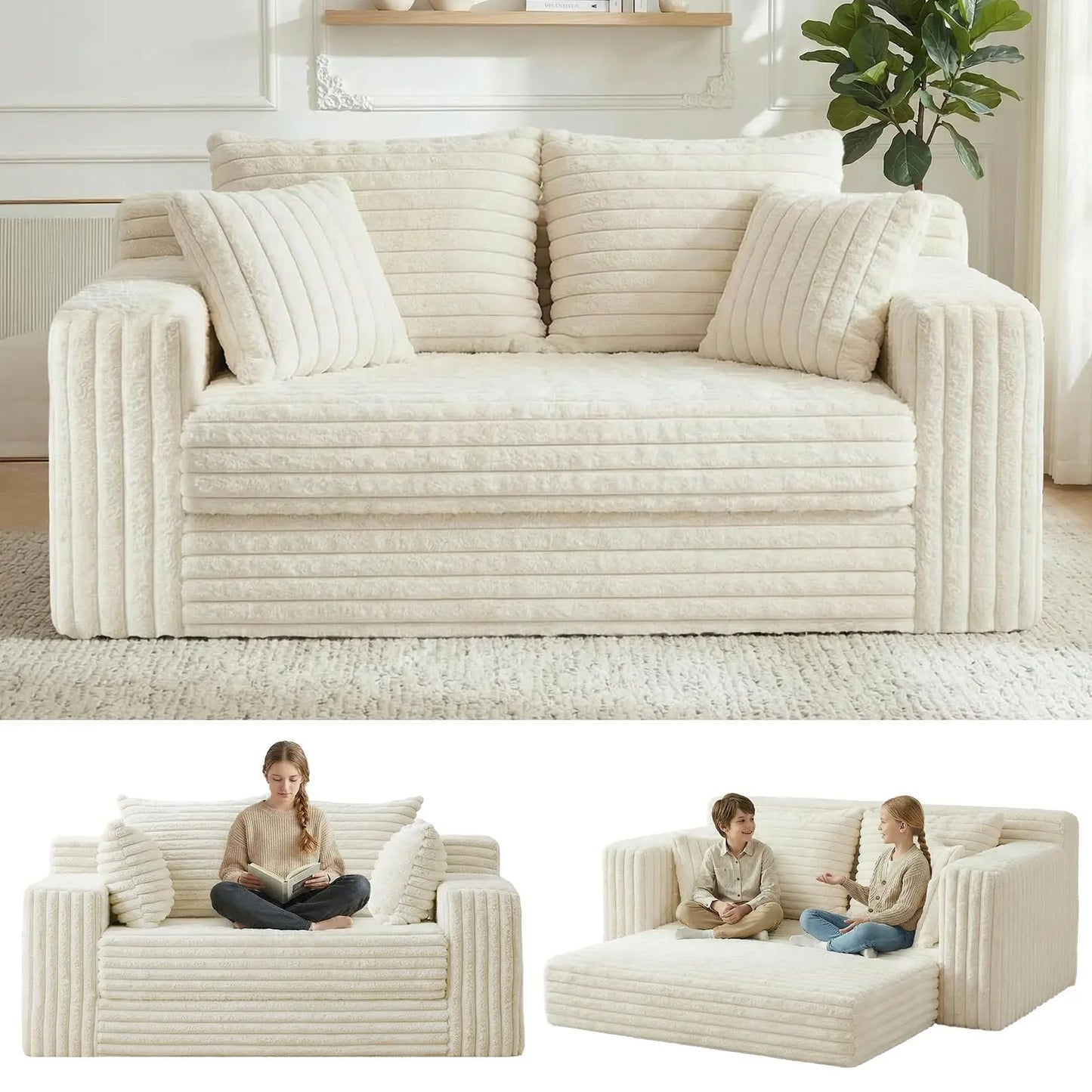 Furry 3-In-1 Convertible Sofa Bed With Detachable Cushions And 4 Pillows