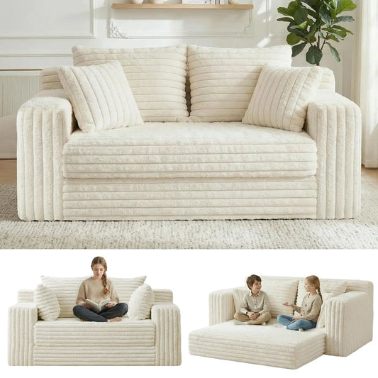 Furry 3-In-1 Convertible Sofa Bed With Detachable Cushions And 4 Pillows