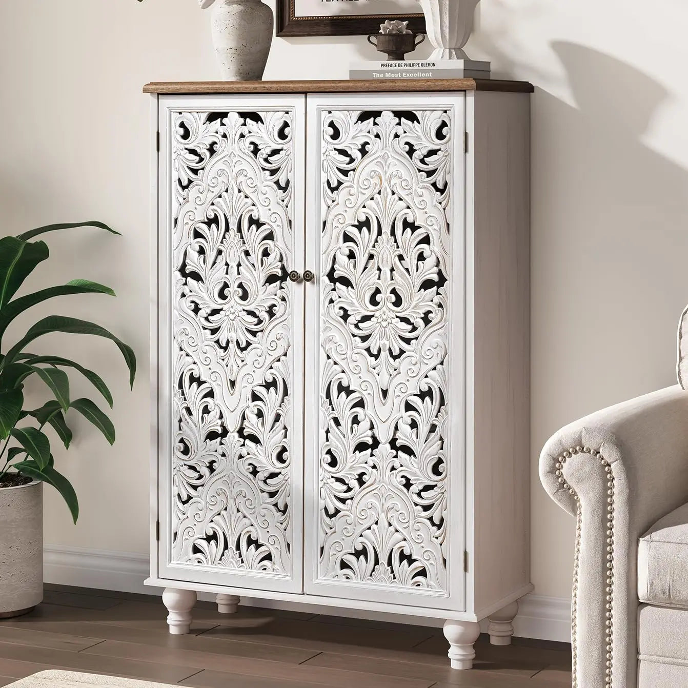 Accent Cabinet With Mandala Carved Doors Engineered Wood Storage