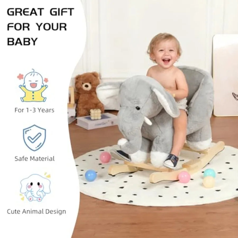 Wooden Rocking Horse for Toddlers with Plush Elephant Music