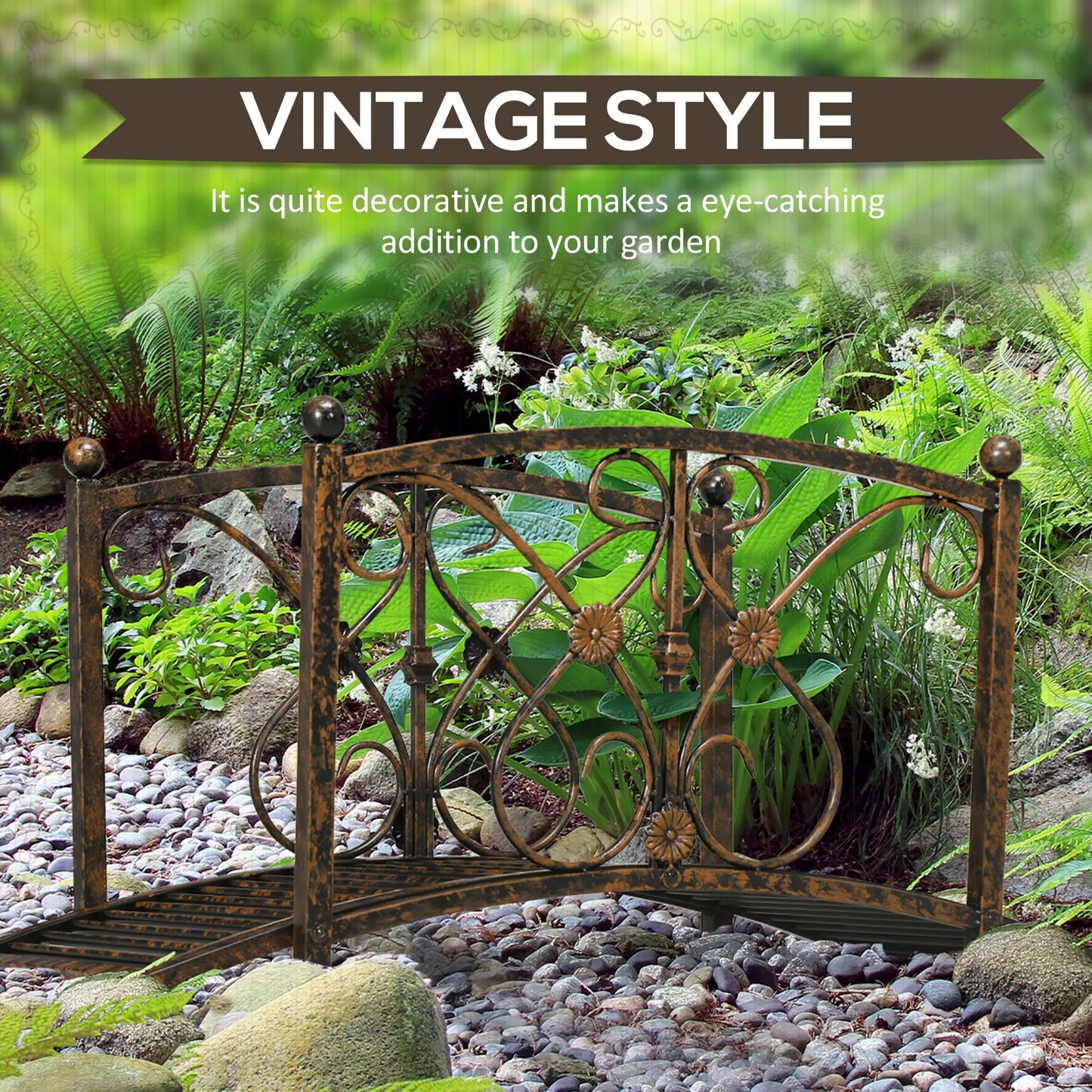 Metal Garden Bridge With Safety Railings For Pond And Stream