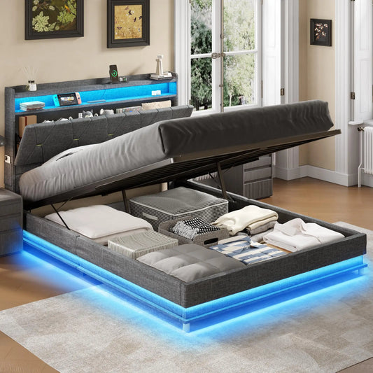 Vabches Lift Up Bed Frame With Storage Headboard LED