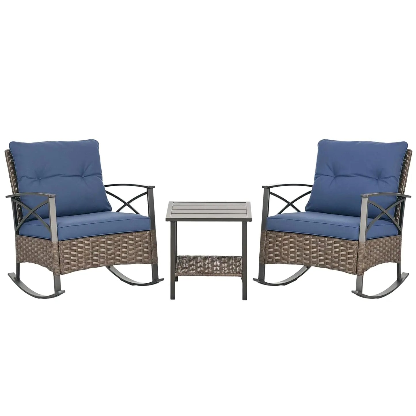 XIAOLANG 3 Piece Patio Rocking Chair Set Outdoor Wicker Bistro