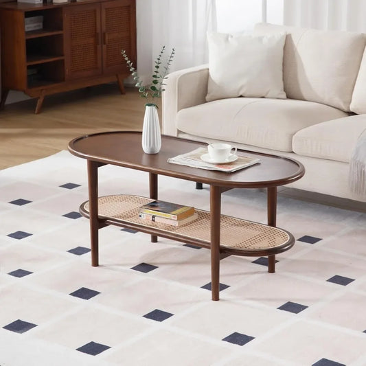 Modern Walnut Rattan Coffee Table with Storage Shelf for Living Room