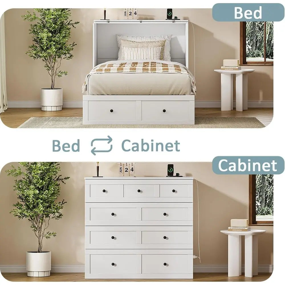 Twin Size Murphy Bed With Fabric Upholstery And Charging Station