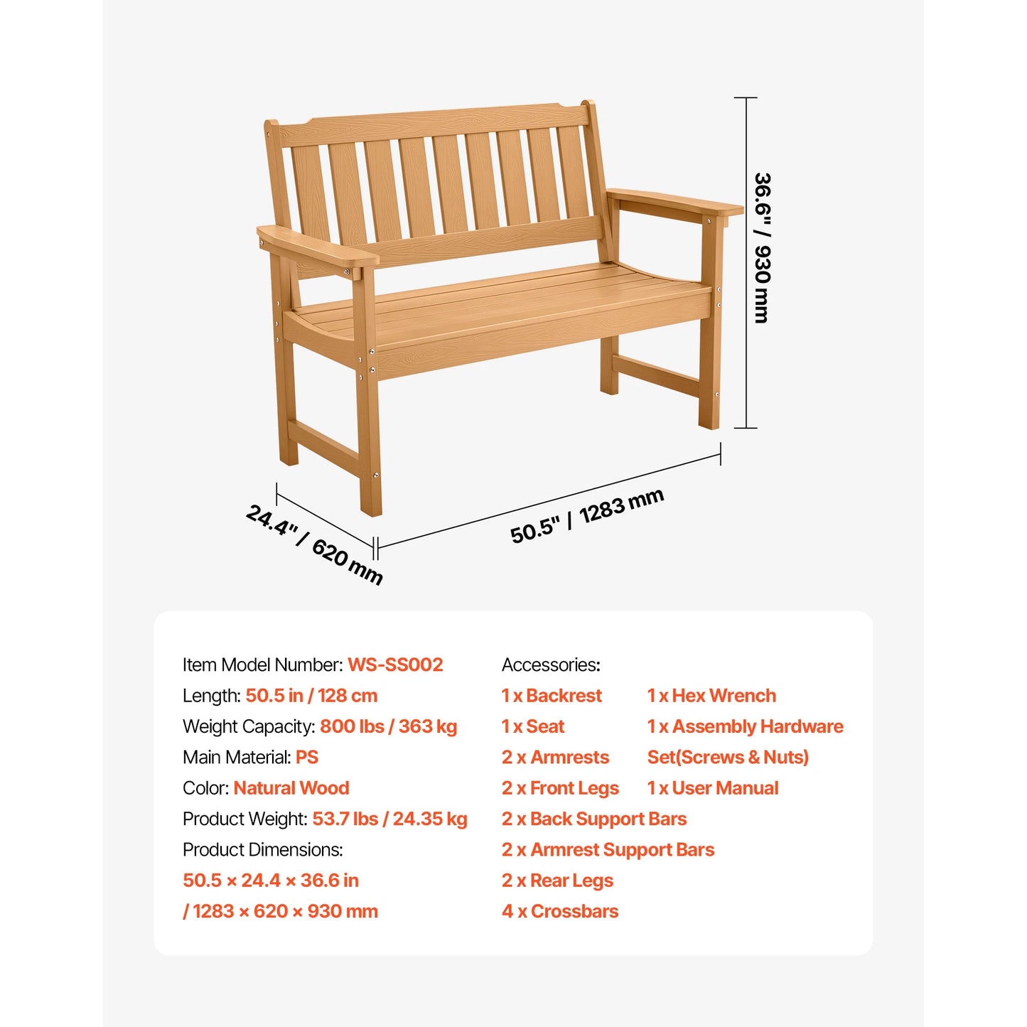 SucceBuy Outdoor Wooden Metal Garden Bench 480 Lb Capacity
