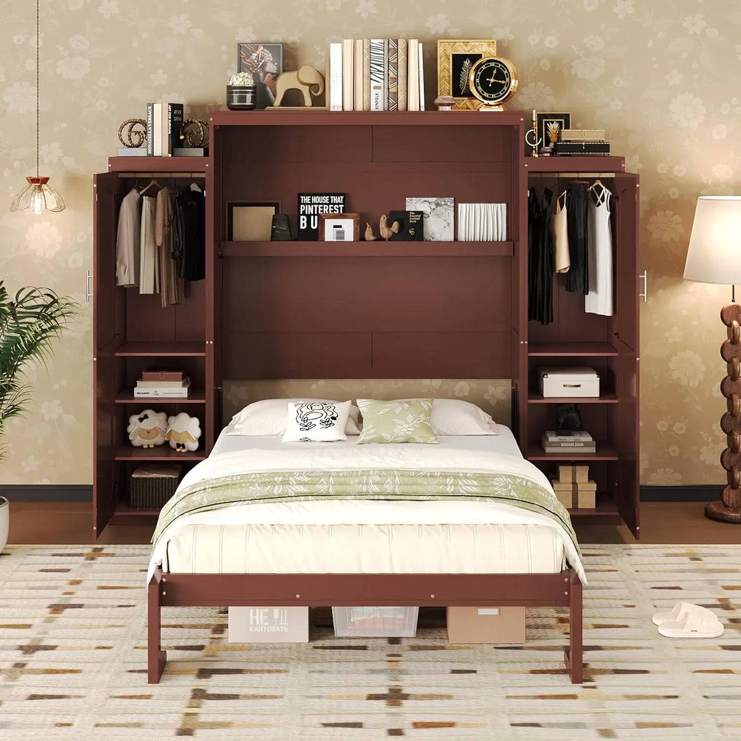 Wood Wall Murphy Bed With Two Closets And Shelving