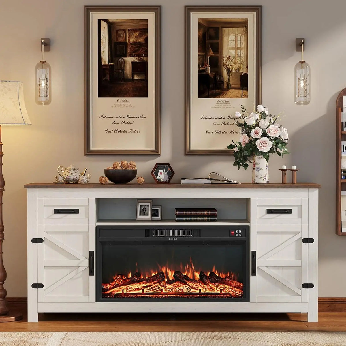 Farmhouse Fireplace TV Stand With Barn Doors And Storage
