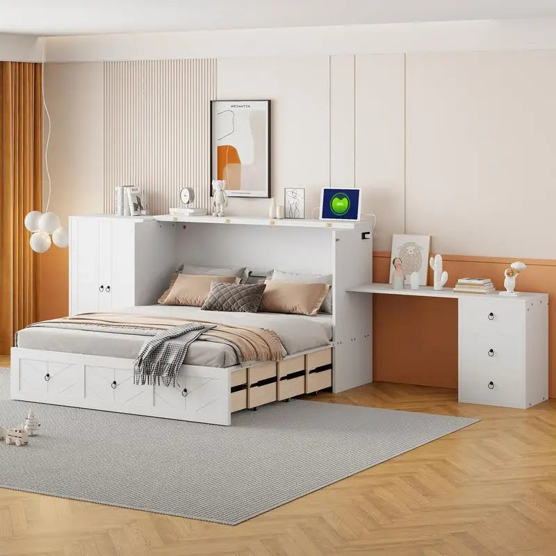 Versatile White Cabinet Bed With Usb Port And Large Drawer
