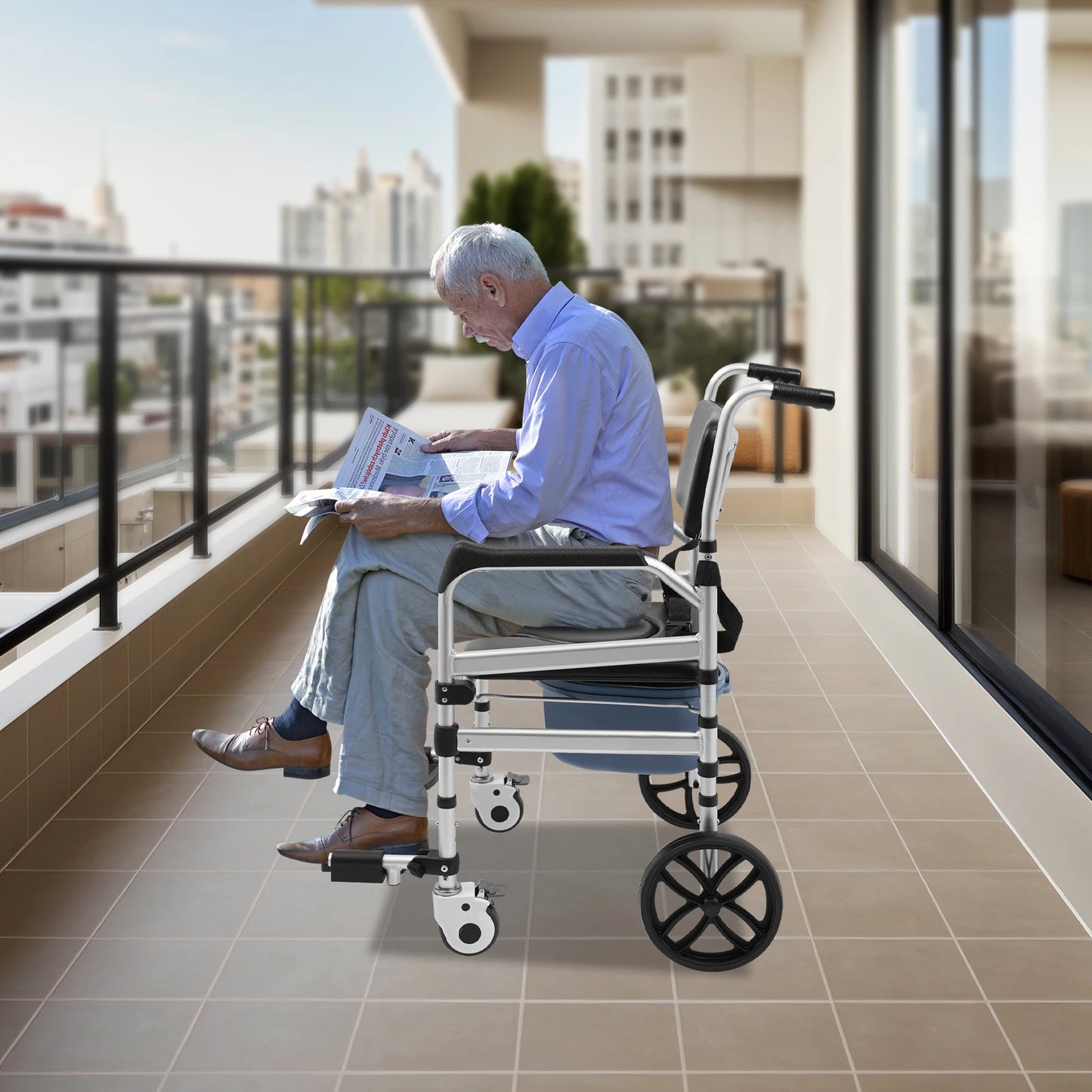 Foldable Rolling Shower Chair With Aluminum Height Adjustment Commode