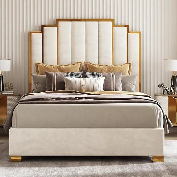 Ticify Upholstered Bed With Tall Headboard And Trim