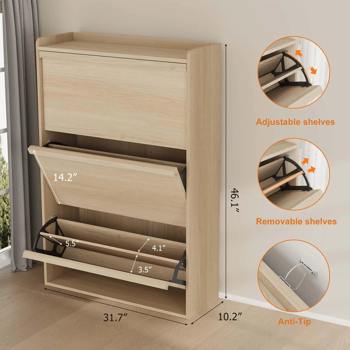 HiMISS Three Flip Drawer Shoe Cabinet With Adjustable Shelves