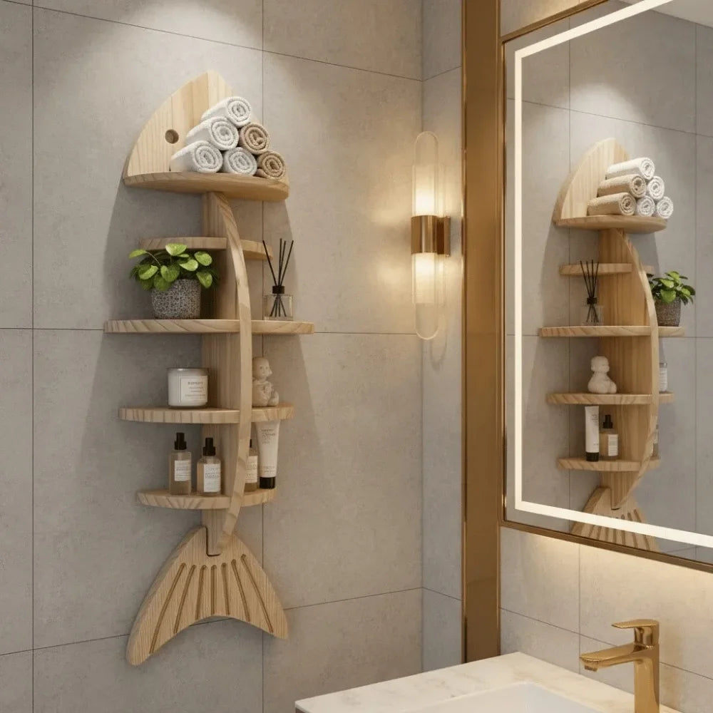 Wooden Fishbone Wall Shelf Storage Rack for Bathroom Decor