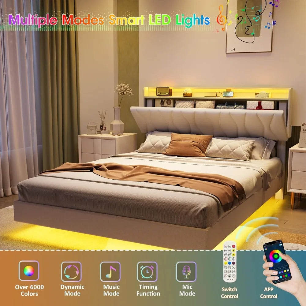 Guangbai Floating Bed Frame Storage Headboard Led Lights