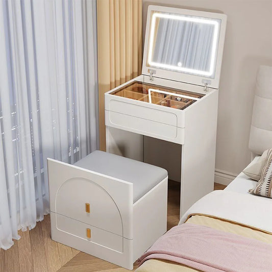 Modern Minimalist Dressing Table with Storage Chair and Stylish Nordic Mirror