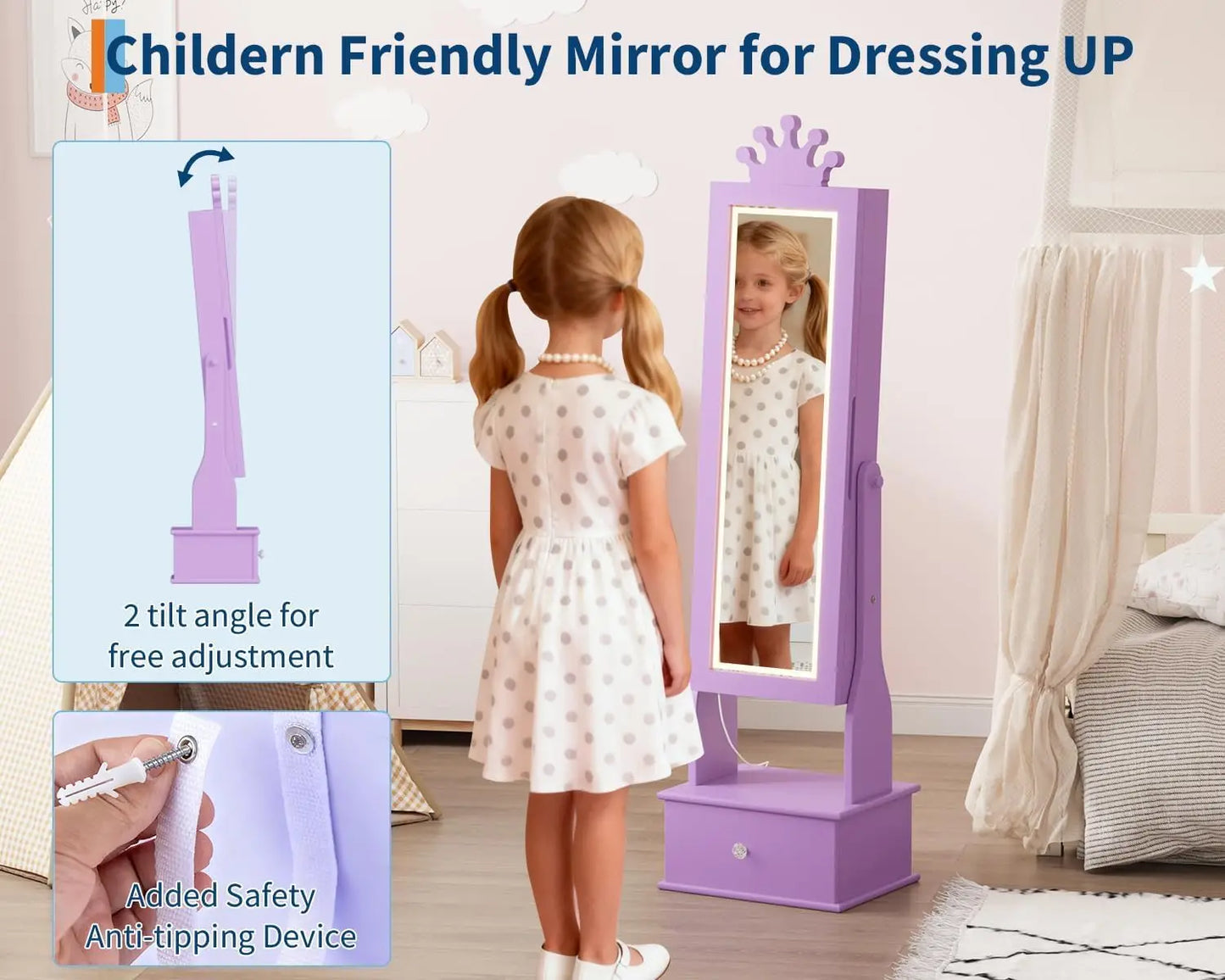 HiMISS Kids Jewelry Armoire With LED Mirror Lockable Drawers