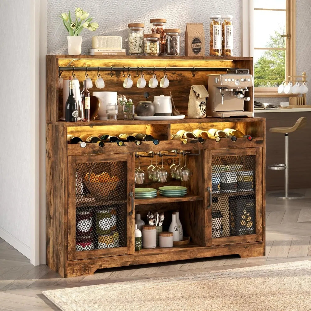 Wine Bar Cabinet With LED Lighting And Glass Holders