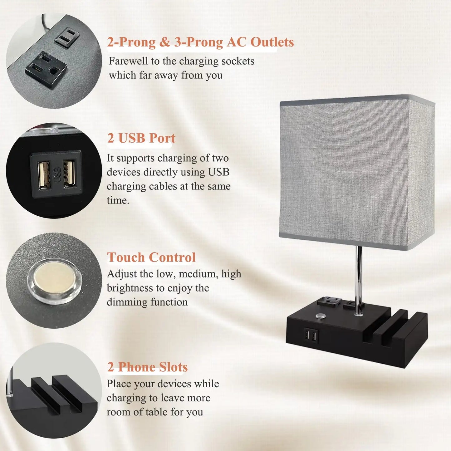 SZRSTH Bedside Table Lamp With Dual USB Charging Dimmable