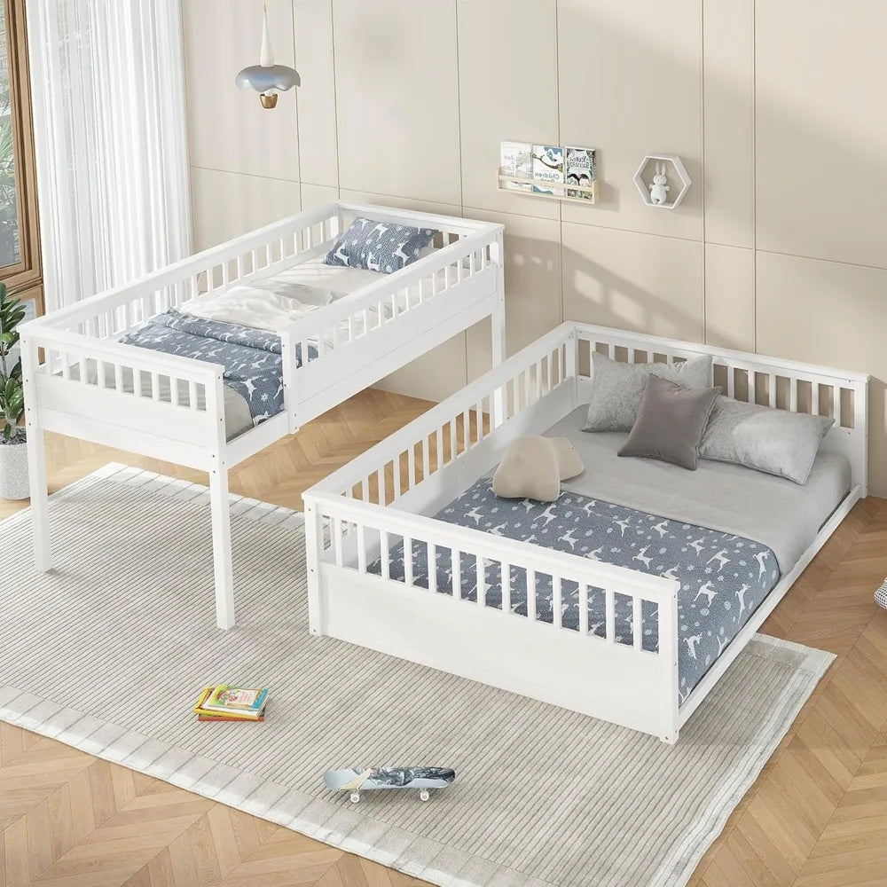 Low Bunk Beds Twin XL Over Queen with Ladder and Guardrail for Kids
