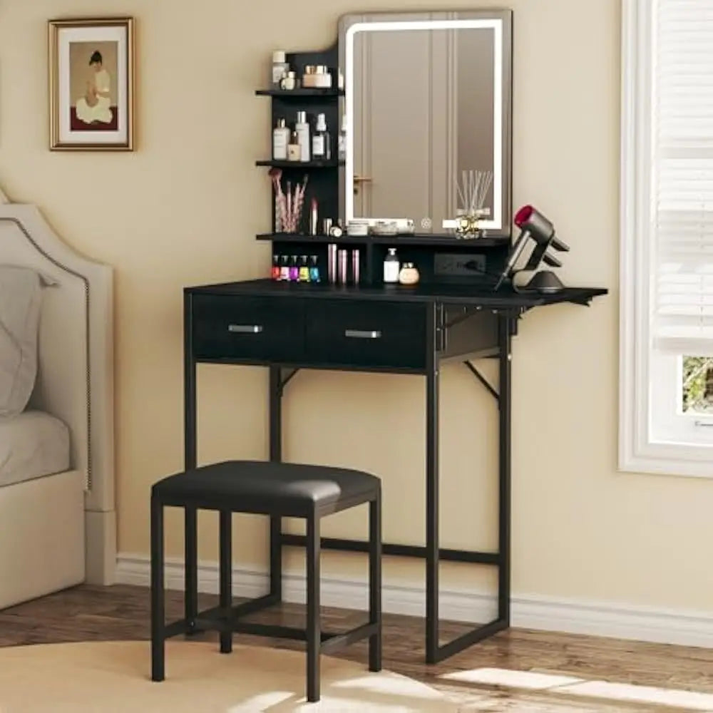 Makeup Vanity with Foldable Panel and Power Outlet