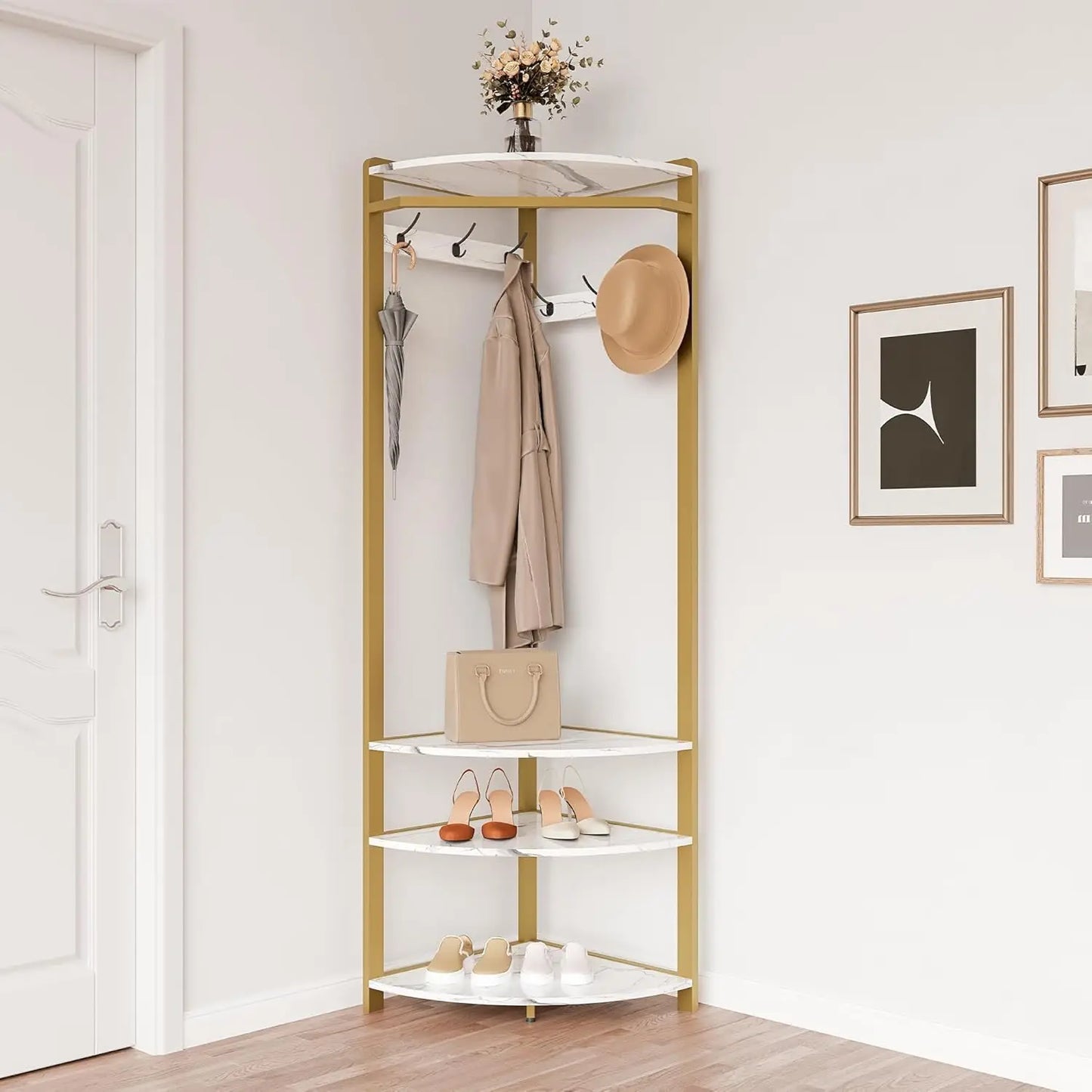 HiMISS Freestanding Coat Rack Stand With 6 Hooks Shelves