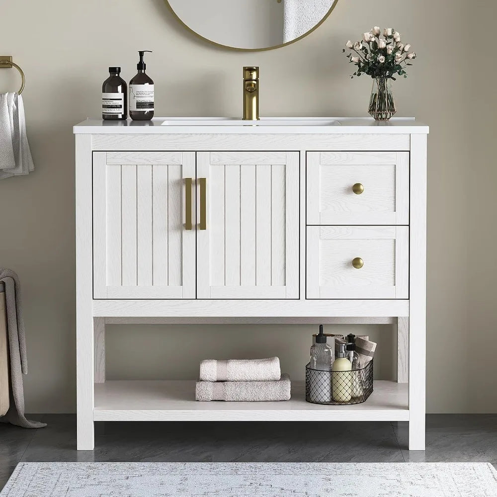 Solid Wood Bathroom Vanity With Integrated Sink And Soft Close Drawers