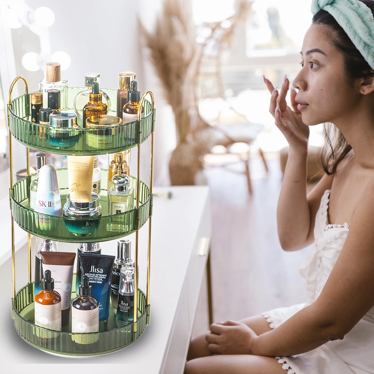 Rotating Makeup Organizer 3 Tier Vanity Storage For Skincare