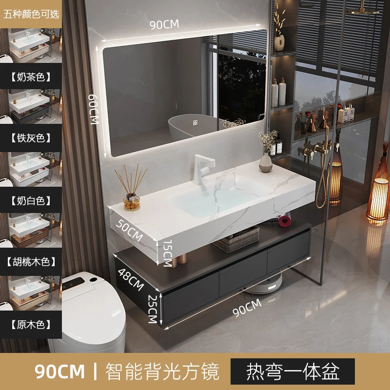 Solid Wood Vintage Bathroom Cabinet with Mirror and Integrated Basin
