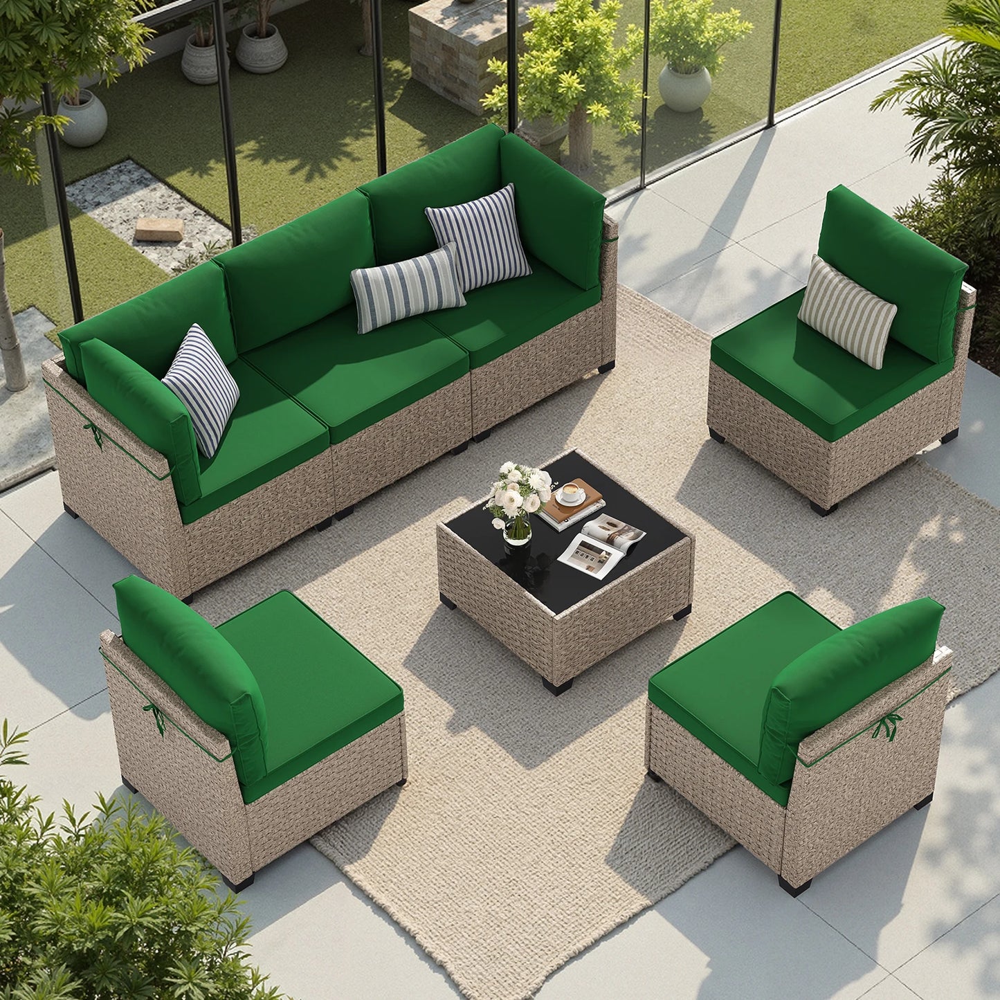 Outdoor Rattan Patio Furniture Set With Tempered Glass Table All Weather