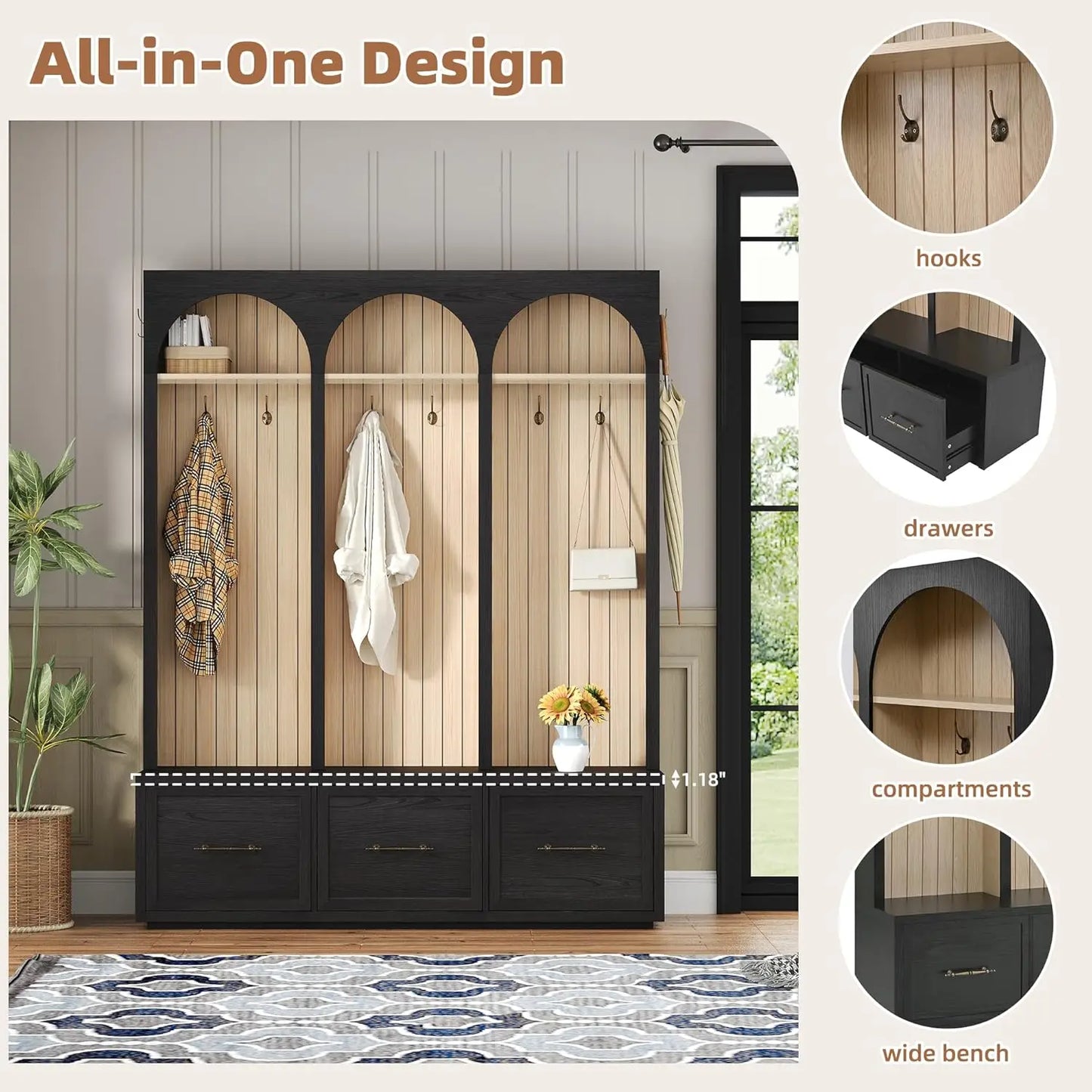 Wood Hall Tree With Eight Hooks Shoe Bench And Three Drawers Mudroom Organizer