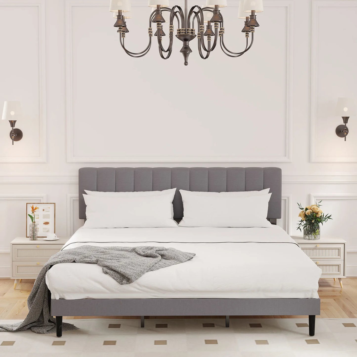 JHK King Wooden Bed Frame With Fabric Upholstered Slats