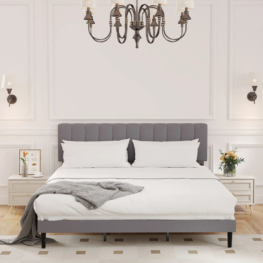 JHK King Wooden Bed Frame With Fabric Upholstered Slats