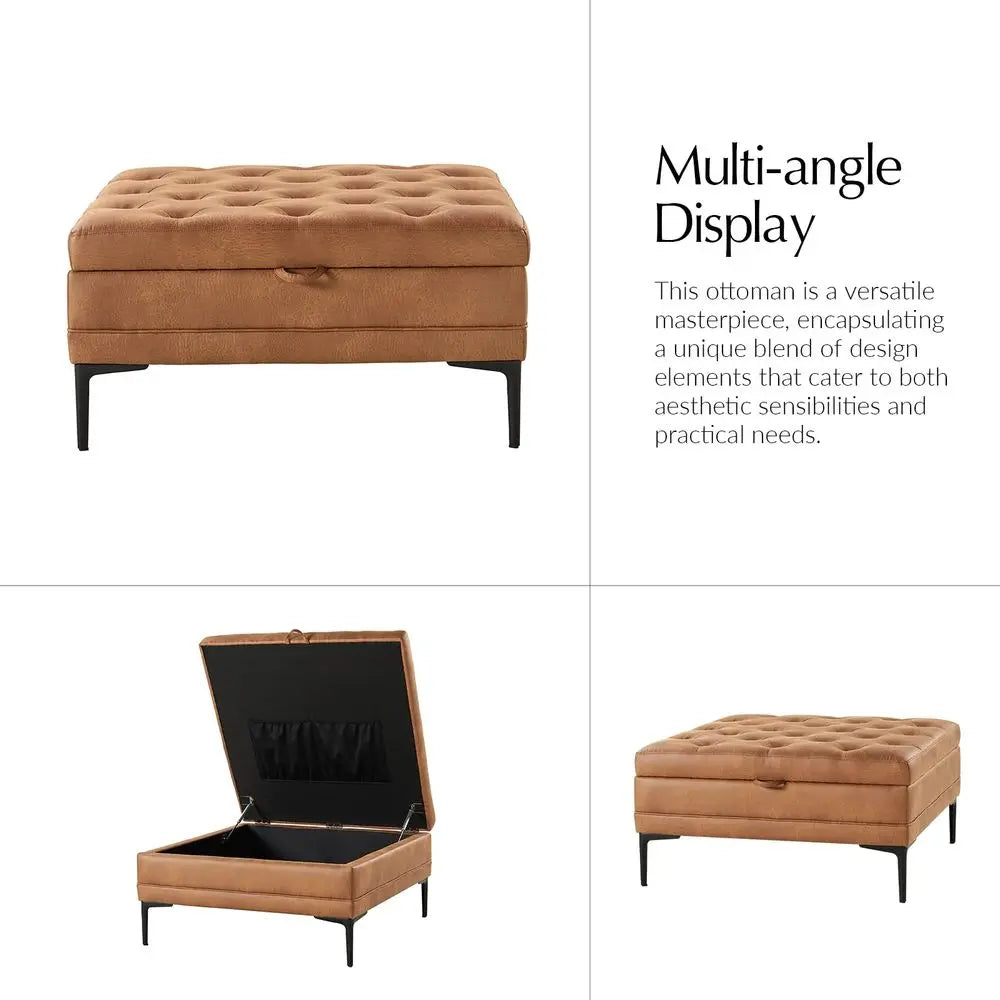 Faux Leather Coffee Table With Storage Ottoman Metal Legs