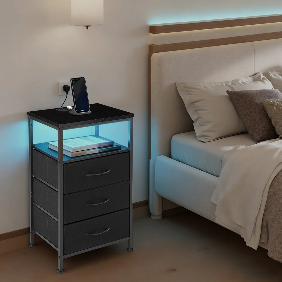 JHK Fabric Drawer Nightstand With Charging Station USB Ports