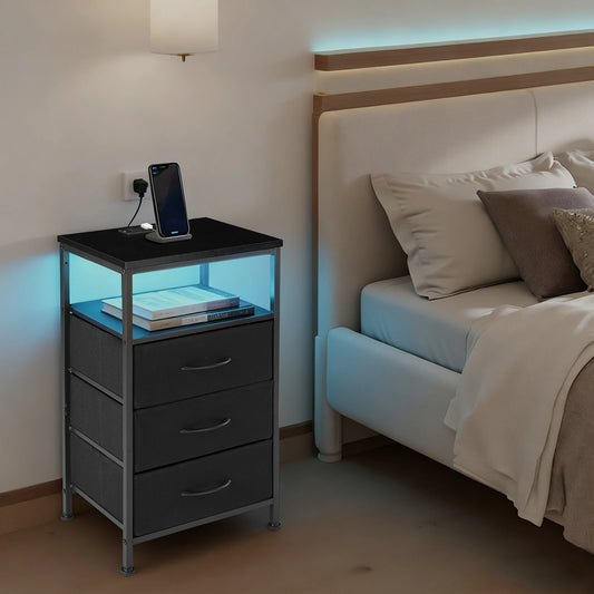 JHK Fabric Drawer Nightstand With Charging Station USB Ports