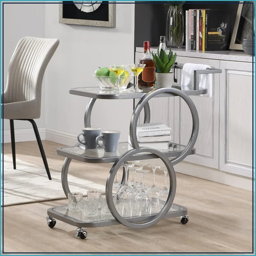 Three Tier Bar Cart With Wheels And Crystal Shelves