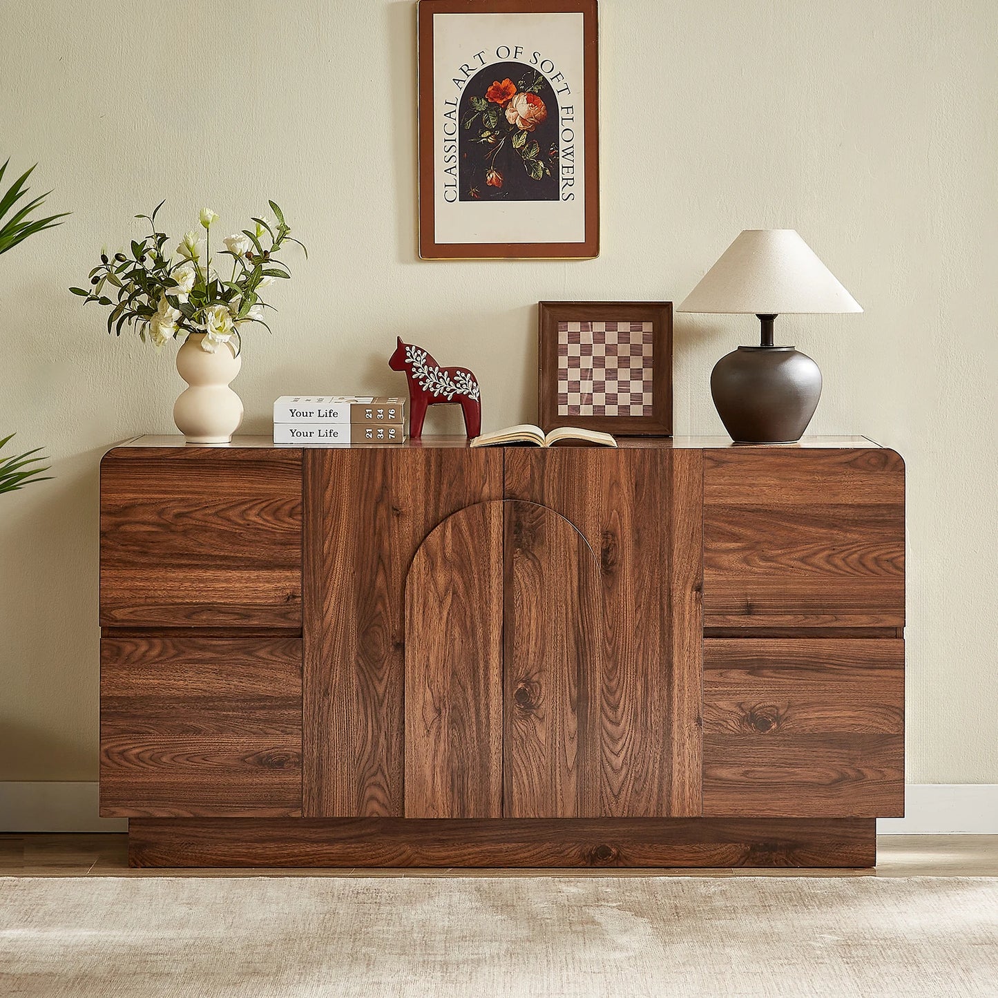 ONBRILL Modern Curved Sideboard With Arched Doors And Adjustable Shelves