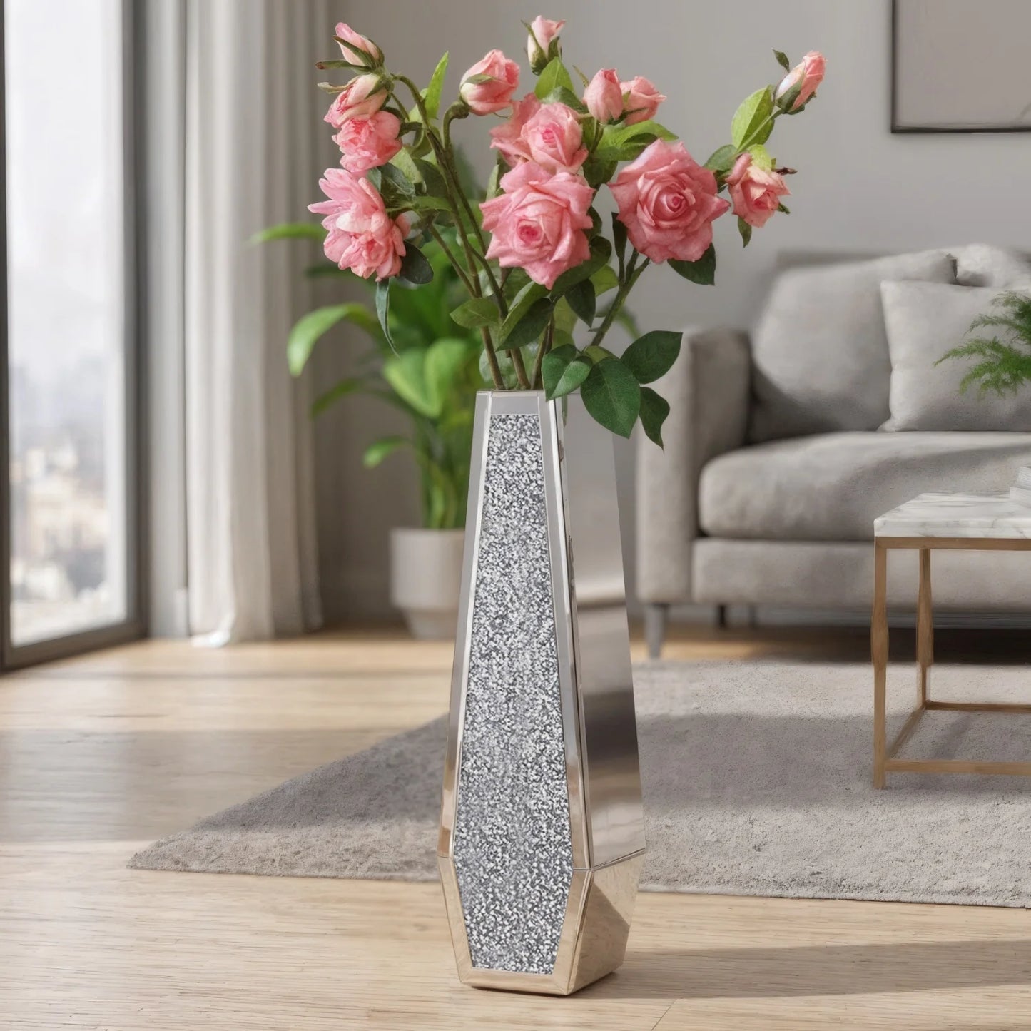 Mirrored Floor Vase Crushed Diamond Glass Decor Living Room